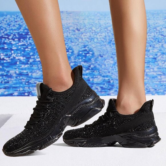 Women Black Rhinestone Mesh Slip On Walking Breathable Sparkle Glitter Sneaker - Picture 7 of 9